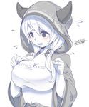  breasts camieux cleavage cloak draph flying_sweatdrops granblue_fantasy highres hood hooded_cloak horns kokka_han large_breasts long_hair midriff monochrome school_uniform simple_background solo 