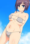  aqua_eyes arms_behind_back bikini blue_sky breasts brown_hair cloud collarbone day eyepatch_bikini grey_bikini hayashi_custom highres large_breasts looking_at_viewer micro_bikini navel original partially_visible_vulva shiny shiny_skin side-tie_bikini sideboob skindentation sky smile solo swimsuit underboob 