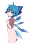  ahoge ass back blue_eyes blue_hair bow cirno hair_bow highres ice ice_wings looking_at_viewer namauni nude short_hair solo touhou wings 