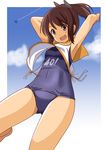  aircraft airplane armpits arms_up blue_sky brown_eyes brown_hair cloud day i-401_(kantai_collection) kantai_collection one-piece_swimsuit open_mouth ponytail school_swimsuit school_uniform serafuku shirt sky smile solo swimsuit taishi_(moriverine) 