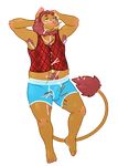  2015 anthro biceps blush cat clothed clothing feline fur hair half-dressed htodinth lion looking_at_viewer male mammal pocky red_hair smile solo underwear yellow_fur 