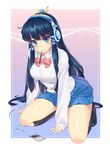  black_hair black_legwear blue_eyes blush breasts commentary_request digital_media_player egyptian food hair_tubes hairband headdress headphones ipod isis_(p&amp;d) kneehighs large_breasts loneteel long_hair mouth_hold pocky puzzle_&amp;_dragons school_uniform skirt solo thighs very_long_hair 