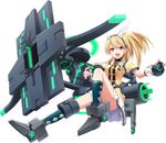  :d argyle argyle_legwear armor ballista black_legwear blonde_hair bomb bow bow_(weapon) cosmic_break crossbow emblem feathers hair_ornament hairband headband holding huge_weapon kneehighs large_bow looking_at_viewer mecha_musume official_art open_mouth orb pleated_skirt purple_eyes side_ponytail skirt smile solo therese_(cosmic_break) thighs wakaba weapon white_feathers 