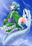  animal_ears blue_eyes blue_hair head_fins highres japanese_clothes kimono long_sleeves looking_at_viewer mermaid monster_girl obi open_mouth sachishiro_pengin sash short_hair smile solo splashing touhou wakasagihime wide_sleeves 