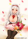  albino anna_(sennen_sensou_aigis) black_dress black_legwear blush bouquet breasts cleavage dress flower hair_ribbon huge_breasts long_sleeves looking_at_viewer open_mouth petals red_eyes ribbon sennen_sensou_aigis shirt silver_hair smile solo textless thighs white_hair yaman 