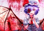  aono_meri bad_id bad_pixiv_id bangs bat_wings blood blood_in_mouth blood_on_face bloody_wings bow broken broken_chain brooch chain claws cuffs flower flower_eyepatch frills hat hat_ribbon jewelry mob_cap nail_polish neckerchief parted_lips petals puffy_short_sleeves puffy_sleeves purple_hair red_bow red_eyes red_flower red_nails red_ribbon remilia_scarlet ribbon shackles short_hair short_sleeves solo touhou upper_body wings 