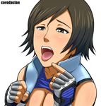  artist_name black_hair blush breasts brown_eyes brown_hair cleavage commentary_request corodastan fingerless_gloves gloves kazama_asuka medium_breasts open_mouth shirt_lift simple_background solo tekken tongue tongue_out white_background 