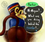  animal_crossing bitfly blush bottomless butt clothed clothing digital_media_(artwork) half-dressed hat male mammal monkey nintendo porter_(animal_crossing) presenting presenting_hindquarters primate raised_tail shirt solo text video_games 