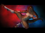  2015 4:3 action_pose anthro bandage bottomless breast_binding brown_scales claws clothed clothing dinosaur dog-bone fangs female glowing glowing_eyes half-dressed hand_wraps kick martial_arts mostly_nude muscular muscular_female open_mouth orange_eyes pussy scales sephira_tridell sharp_teeth solo teeth toe_claws tyrannosaurus_rex yellow_eyes 