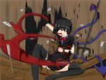  arrow arrow_in_body asymmetrical_wings bad_id bad_pixiv_id black_hair blood blood_from_mouth dress epic_armageddon highres houjuu_nue injury pixelated polearm red_eyes short_hair solo thighhighs touhou trident weapon wings 
