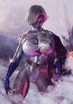  belt blue_gloves breasts capelet cleavage covered_nipples cowboy_shot dc_comics eyelashes gloves hair_over_one_eye huge_breasts leotard lips no_bra power_girl short_hair smoke solo superhero system_bleed torn_clothes white_hair 