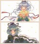  blush border bouquet closed_eyes downscaled dress flower green_dress green_eyes green_hair hand_on_own_chest hat long_hair long_sleeves md5_mismatch mononobe_no_futo multiple_girls open_mouth petals ponytail resized ribbon short_hair silver_hair simple_background smile soga_no_tojiko tate_eboshi touhou upper_body usamata white_background wide_sleeves wind 