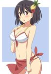  alternate_costume bare_shoulders bikini black_hair breasts cleavage cowboy_shot flower food food_themed_hair_ornament fruit hair_flower hair_ornament hibiscus kantai_collection large_breasts navel outside_border pineapple pineapple_hair_ornament red_eyes sarong short_hair simple_background solo swimsuit taishi_(moriverine) white_bikini yamashiro_(kantai_collection) 