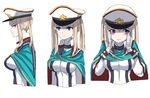  adapted_costume alternate_costume blonde_hair blush breasts buttons cape from_side gloves graf_zeppelin_(kantai_collection) hair_between_eyes hands_on_own_cheeks hands_on_own_face hat jacket kantai_collection large_breasts long_hair long_sleeves looking_at_viewer looking_away looking_to_the_side luicent multiple_views peaked_cap sidelocks simple_background twintails uniform upper_body white_background white_gloves 