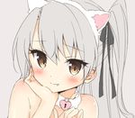  amatsukaze_(kantai_collection) animal_ears bare_shoulders blush brown_eyes cat_ears close-up collar commentary_request face fake_animal_ears fang hair_ribbon hairband hand_on_own_chin headband kantai_collection long_hair looking_at_viewer masuishi_kinoto portrait ribbon silver_hair simple_background solo two_side_up upper_body 