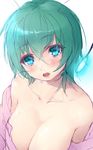  alternate_breast_size antennae aqua_eyes armais_(me-chan337) blush breasts cleavage clothes_down collarbone colored_eyelashes from_above green_hair highres large_breasts looking_at_viewer open_mouth short_hair sketch solo touhou upper_body wriggle_nightbug 