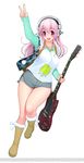  blush breasts electric_guitar guitar headphones highres instrument large_breasts long_hair looking_at_viewer nitroplus open_mouth pink_hair pom_pom_(clothes) red_eyes simple_background smile solo super_sonico tsuji_santa v watermark white_background 
