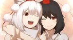  :d albino animal_ears arm_around_neck bangs black_hair closed_mouth face hair_between_eyes hat highres inubashiri_momiji looking_at_viewer multiple_girls one_eye_closed open_mouth out_of_character pom_pom_(clothes) red_eyes shameimaru_aya short_hair side-by-side sleeveless smile teeth terimayo tokin_hat touhou turtleneck v white_hair wolf_ears 