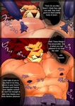  abs anthro biceps bulge clothed clothing comic duo english_text feline hair half-dressed japanese_text kitticlub leo_(red_earth) lion male mammal monster nipples pecs teeth tentacles text tongue tongue_out topless 