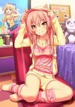  alternate_hairstyle animal_ears animal_hood barefoot bed bedroom blonde_hair blush breasts cat_ears character_name cleavage green_eyes grin highres hood idolmaster idolmaster_cinderella_girls indoors jewelry jougasaki_mika jougasaki_rika leg_warmers lightning_bolt lion_ears long_hair long_sleeves loungewear medium_breasts multiple_girls nail_polish navel nazu-na necklace open_mouth pajamas pink_hair pom_pom_(clothes) shorts sitting skirt small_breasts smile teeth television toenail_polish tsurime twintails two_side_up unzipped v yellow_eyes yokozuwari 