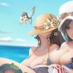  b.bor bad_id bad_pixiv_id beach bikini black_hair blush boa_hancock breasts character_request cleavage day earrings fairy flower hat hat_over_eyes heart hidden_face jewelry large_breasts lily_(flower) multiple_girls nico_robin one_piece out_of_frame outdoors snake_earrings straw_hat sunglasses swimsuit water 