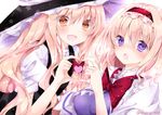  :d :o alice_margatroid black_dress blonde_hair bow braid capelet dress hairband hat heart heart_hands heart_hands_duo kirisame_marisa lolita_hairband looking_at_viewer multiple_girls nanase_nao open_mouth puffy_short_sleeves puffy_sleeves purple_dress purple_eyes shirt short_sleeves single_braid smile touhou upper_body witch_hat 