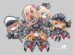  &gt;:) :d ;d aircraft airplane bismarck_(kantai_collection) black_legwear black_panties blonde_hair blue_eyes chibi crop_top detached_sleeves dress dual_persona flower gloves graf_zeppelin_(kantai_collection) green_eyes grey_background hair_flower hair_ornament hands_on_hips hat heart heart_in_mouth kantai_collection kneehighs long_hair machinery miniskirt multiple_girls one_eye_closed open_mouth panties pantyhose parted_lips peaked_cap pleated_skirt prinz_eugen_(kantai_collection) ro-500_(kantai_collection) sailor_dress school_swimsuit shibi sidelocks simple_background skirt smile swimsuit tan thighhighs tsurime turret twintails u-511_(kantai_collection) underwear uniform v-shaped_eyebrows white_gloves 
