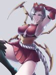  alternate_costume alternate_hairstyle arm_behind_head armpits bad_id bad_pixiv_id bare_shoulders blood_moon_elise blue_eyes breasts chuuhiji cleavage covered_nipples elise_(league_of_legends) highres insect_girl large_breasts league_of_legends looking_at_viewer miniskirt monster_girl multiple_legs parted_lips short_hair sideboob silver_hair skirt solo spider_girl 