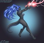  2015 anthro black_scales blue_background blue_hair breasts claws female gun hair lizard nipples nude popcornpanic ranged_weapon reptile scales scalie simple_background solo space toe_claws weapon 