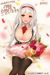  albino anna_(sennen_sensou_aigis) black_dress black_legwear blush bouquet breasts cleavage dress flower hair_ribbon highres huge_breasts long_sleeves looking_at_viewer open_mouth petals red_eyes ribbon sennen_sensou_aigis shirt silver_hair smile solo thighs white_hair yaman 