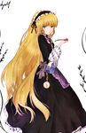  bad_id bad_pixiv_id black_dress blonde_hair book dress dyolf frilled_dress frills gosick gothic_lolita green_eyes hairband lolita_fashion lolita_hairband long_hair long_sleeves looking_at_viewer pipe pocket_watch solo very_long_hair victorica_de_blois watch wide_sleeves 