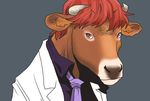  cow eyebrows eyebrows_visible_through_hair horikawa_raiko horns necktie no_humans onikobe_rin red_eyes red_hair short_hair solo touhou 