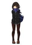  bag black_legwear blush brown_hair cardigan enpera full_body green_eyes hands_in_pockets idolmaster idolmaster_cinderella_girls loafers long_hair marubonman necktie pantyhose scarf school_bag school_uniform shibuya_rin shoes simple_background skirt solo white_background 