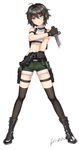  ahoge arm_belt artist_name bangs beretta_92 black_footwear black_gloves black_hair black_legwear blue_eyes boots briska buckle closed_mouth crop_top cross-laced_footwear dagger dual_wielding finger_on_trigger flat_chest foreshortening frown full_body gloves green_shorts gun hair_between_eyes handgun holding holding_gun holding_weapon lace-up_boots legs_apart looking_at_viewer midriff military original ribbed_sweater short_hair shorts signature simple_background sleeveless solo standing sweater thigh_strap thighhighs turtleneck weapon weapon_bag white_background 