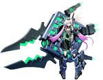  armlet armor clenched_hand cosmic_break emblem feathers gloves green_eyes grey_gloves hair_ornament hair_over_one_eye highres huge_weapon lasker mecha_musume multicolored_hair official_art purple_hair ribbon simple_background solo tattoo twintails two-tone_hair wakaba weapon white_background white_feathers white_hair 