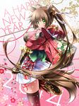  2014 animal_ears blush bow_(weapon) breasts brown_hair chinese_zodiac gold_trim green_eyes happy_new_year highres horse_ears horse_girl horse_tail large_breasts long_hair looking_at_viewer midoriiro_no_shinzou new_year original ponytail smile solo tail weapon year_of_the_horse 