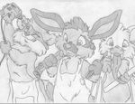  anthro apron bat buckteeth cub drill fangs front_view greyscale group hammer lagomorph long_tongue male mammal mizzyam monochrome one_eye_closed pencil_(artwork) rabbit raccoon sabertooth_(feature) screwdriver shifty_raccoon spotted_bunny standing t-square teeth tongue tongue_out tools traditional_media_(artwork) uhoh unnamed_bat_(mizzyam) young 