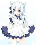  alternate_costume animal_ears apron blue_eyes cat_ears cat_tail enmaided frills hair_ornament hair_ribbon heart heart-shaped_pupils hibiki_(kantai_collection) kantai_collection kemonomimi_mode long_hair maid maid_headdress rateratte ribbon short_sleeves silver_hair simple_background skirt skirt_lift solo symbol-shaped_pupils tail white_background 