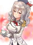  baffu beret blush breasts buttons cup double-breasted epaulettes gloves hat highres jacket kantai_collection kashima_(kantai_collection) kerchief large_breasts long_hair looking_at_viewer military military_uniform pink_eyes purple_eyes sidelocks silver_hair skirt smile solo teacup tsurime twintails uniform wavy_hair white_gloves 