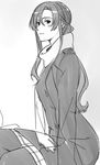  aconitea bad_id bad_twitter_id blush character_request coat from_side greyscale light_smile long_hair looking_at_viewer monochrome scarf sitting sketch solo 