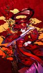  artist_name camellia floral_print flower hair_flower hair_ornament hamada_youho highres japanese_clothes katana kimono long_hair obi original pointy_ears red red_hair sample sash sayagata scabbard sheath solo sword tree weapon yellow_eyes 