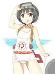  beach black_eyes black_hair diving_mask_on_head kantai_collection maru-yu_(kantai_collection) ocean one-piece_swimsuit open_mouth school_swimsuit short_hair smile solo swimsuit taishi_(moriverine) white_school_swimsuit white_swimsuit 