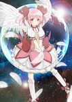  angel_wings blush bow bubble_skirt chippucream choker commentary_request earth feathers gloves hair_ribbon highres kaname_madoka kneehighs magical_girl mahou_shoujo_madoka_magica pink_hair ribbon short_hair short_twintails skirt smile solo space twintails white_gloves white_legwear wings yellow_eyes 