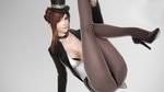  3d breasts brown_hair cleavage formal green_eyes hat high_heels highres jewelry large_breasts legs looking_at_viewer neck_ring original pantyhose ryanreos smile solo tera_online underwear 