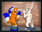 anthro butt canine clothed clothing cub duo fox half-dressed lagomorph looking_at_viewer looking_back male mammal nude pandapaco pants pants_down presenting presenting_hindquarters rabbit raised_tail shorts topless young 