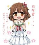  blush brown_eyes brown_hair commentary_request dress fang flower hair_ornament hairclip ikazuchi_(kantai_collection) kantai_collection looking_at_viewer open_mouth oshiruko_(uminekotei) short_hair smile solo translated wedding_dress 