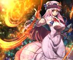  adapted_costume book breasts capelet crescent dress floral_print hat large_breasts long_hair long_sleeves looking_at_viewer magic mob_cap open_book patchouli_knowledge pink_dress pink_hair red_eyes solo touhou umigarasu_(kitsune1963) very_long_hair wide_sleeves 