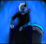  2015 anthro better_version_at_source black_fur blue_background blue_eyes blue_fur canine clothed clothing collar cool_colors dark fire front_view fur glowing glowing_eyes guitar kenko mammal metal multicolored_fur musical_instrument pants pose restricted_palette shadowbeastiiiepaw shirt simple_background sitting solo spiked_collar white_fur wolf 