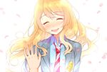  blonde_hair blush closed_eyes highres long_hair miyazono_kawori nerunnn out_of_frame petals pov pov_hands school_uniform shigatsu_wa_kimi_no_uso solo_focus 