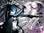  2girls absurdres artist_name belt black_bra black_hair black_rock_shooter_(character) black_rock_shooter_(game) black_skirt blue_eyes bra breasts burning_eye cleavage copyright_name gun highres holding holding_gun holding_sword holding_weapon katana long_hair looking_at_viewer multiple_girls pink_eyes riki-to scar shorts skirt small_breasts sword thighhighs twintails underwear weapon white_bra white_hair white_legwear white_rock_shooter white_shorts 